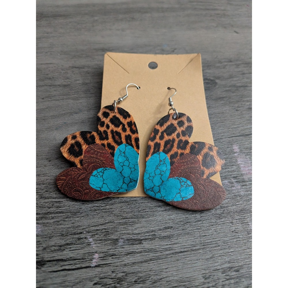 Western Leopard Paisley Turquoise Triple Heart Faux Leather Dangle Earrings